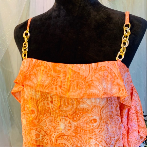 Michael Kors Orange and Gold Chained Sheer Tank - Picture 2 of 8